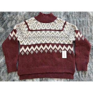 Lucky Brand Fair Isle Nordic Mock Neck Sweater Burgundy Heather Size Medium